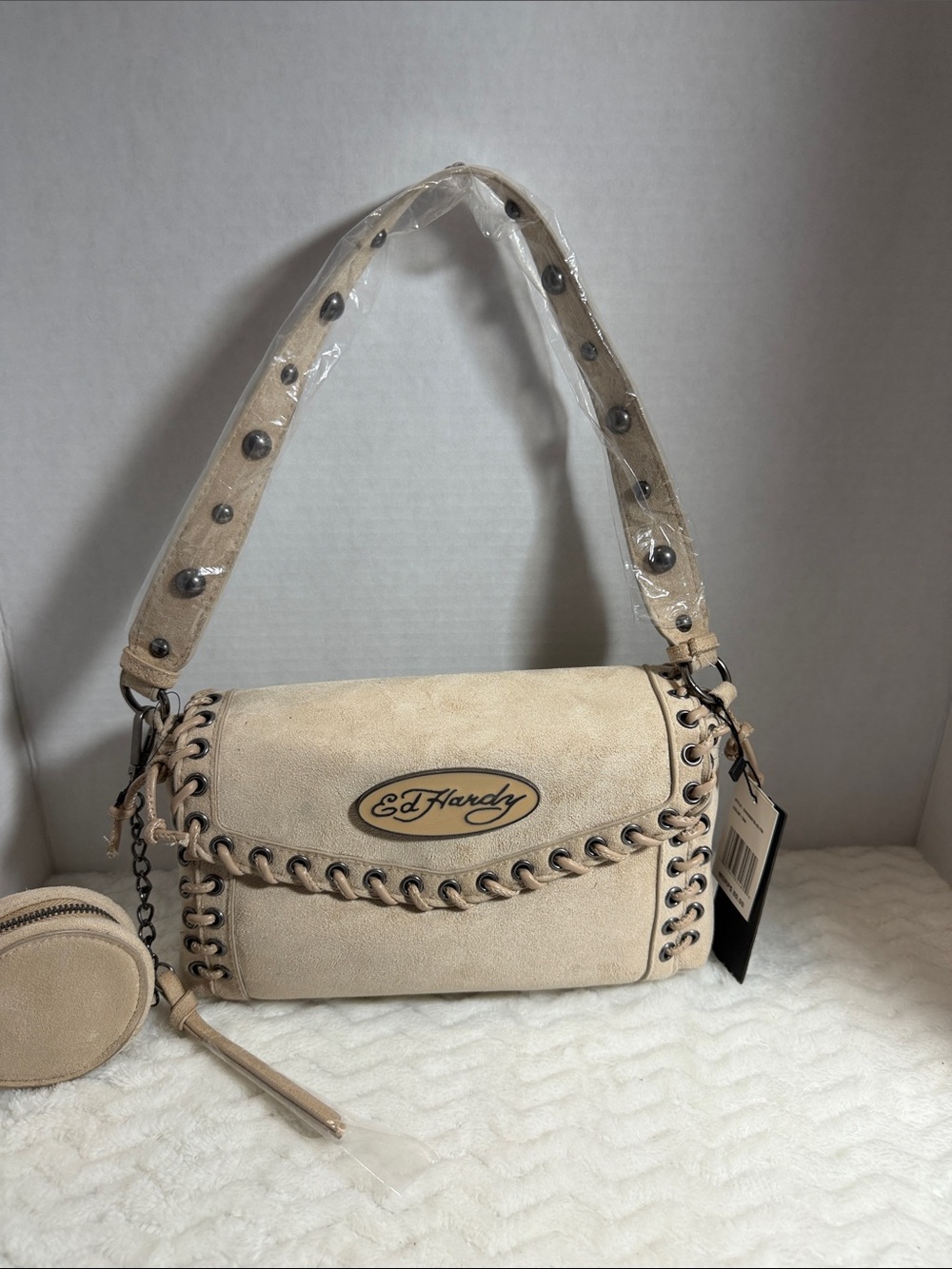 Ed Hardy Beige Suede Shoulder Bag with Braided Trim and Coin Pouch